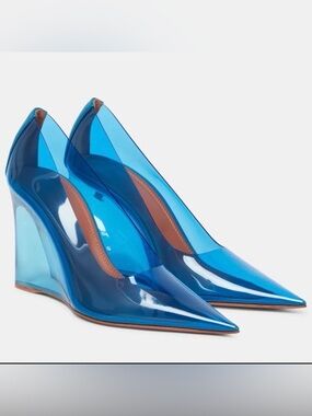 New Amina Muaddi Ane Glass Wedge Pumps Blue 95mm Size EU 38.5/ US 8.5